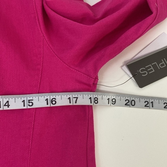 Denim Jacket Open front faux buttons pockets Collarless Fuchsa Women's XS - Picture 9 of 11